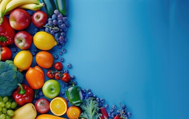 Colorful Array of Fruits and Vegetables Against a Blue Backdrop,Vibrant Mix of Fruits and...