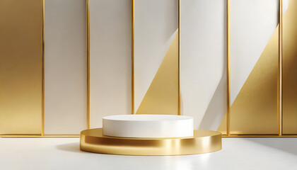 3D podium background. Realistic level white cylinder pedestal set with light and shadow wall....