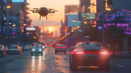 Fototapeta premium Autonomous Vehicles: In an image representing autonomous vehicles, vehicles such as a car or drone are in a specific scene to demonstrate their self-driving ability. 