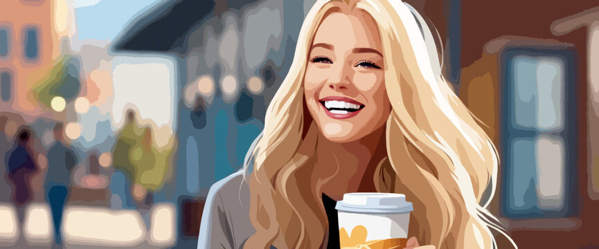 Eine blonde, junge Frau mit einem Becher Kaffe to go. Vektor,Poster, Tapete, Werbung, Illustration