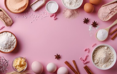 Fototapeta na wymiar Flour Spotlight, Ingredients on Display in Baking Background,Ingredients Featured in Baking, Copy Space, Generative Ai