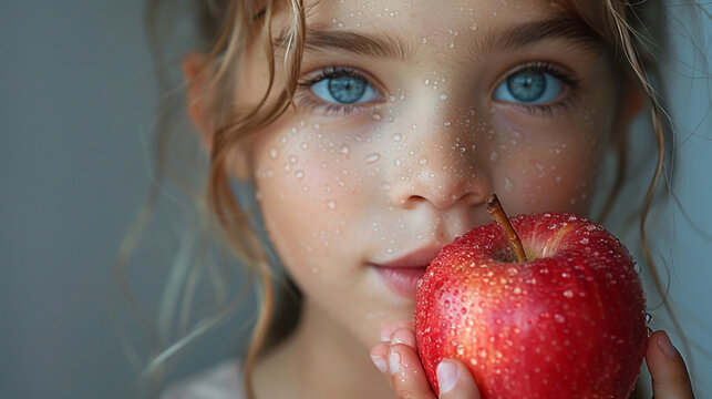 A girl eats a red apple with wet drops