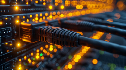 Internet LAN cable In a modern server room For storing and transmitting information through a secure internet technology network.