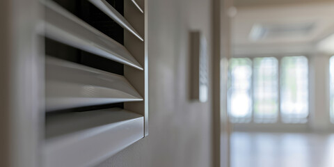 Modern Wall Ventilation white Grille. Close-up of a wall-mounted air vent. - obrazy, fototapety, plakaty