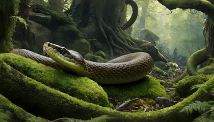 A Snake In A Forest Among Ancient Trees And Moss