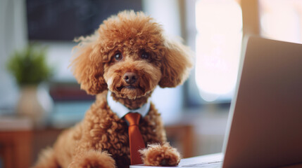 National Take Your Dog to Work Day. Toy poodle wearing a tie is near the laptop in a light office room, close up portrait.