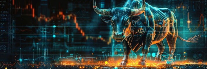 bull on a vibrant background with cryptocurrency trading charts and data bullish trend Financial investing stock market