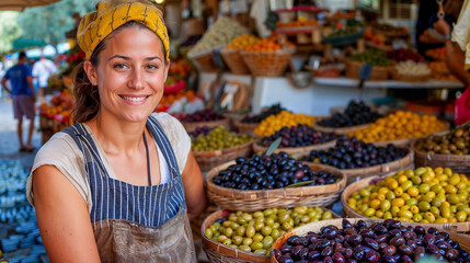une jeune vendeuse souriante sur un stand de marché qui vend des olives provencales