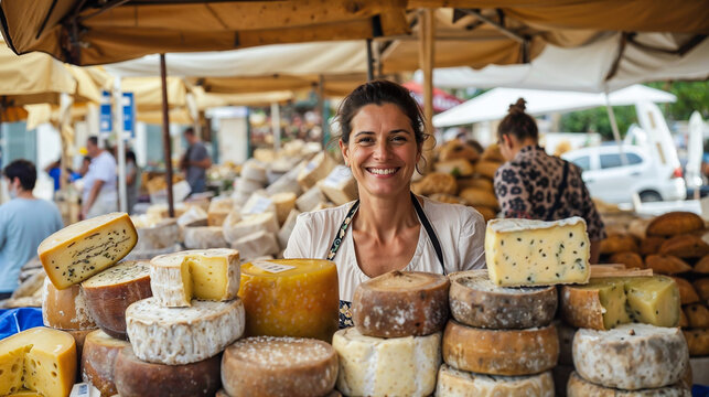 sur un stand de march&eacute;, une vendeuse souriante &agrave; c&ocirc;t&eacute; de ses fromages