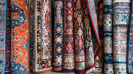 A selection of colorful traditional rugs beautifully displayed, showcasing intricate patterns and craftsmanship