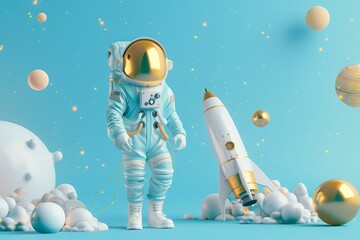 3d render style pastel blue and gold cosmonaut next to the rocket with planets and stars around him, cosmonautics day - obrazy, fototapety, plakaty