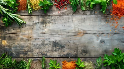 Foto auf Alu-Dibond Spices and herbs lie on old wooden boards © Wolfilser