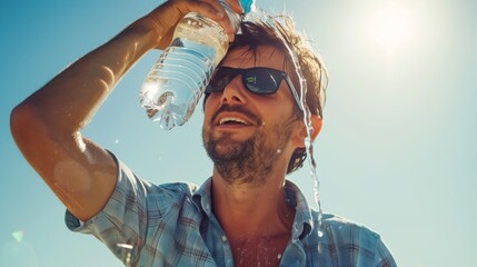 A man drinks from a water bottle in high heat and cools himself down with water