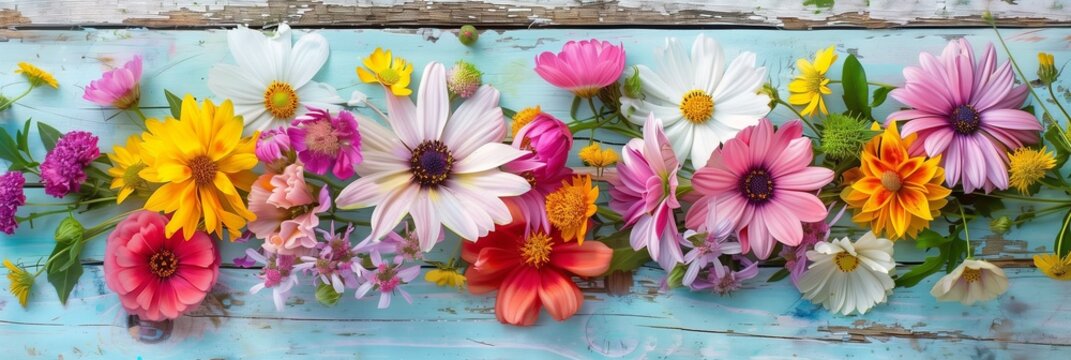 many colorful spring flowers on background with old textured wooden boards