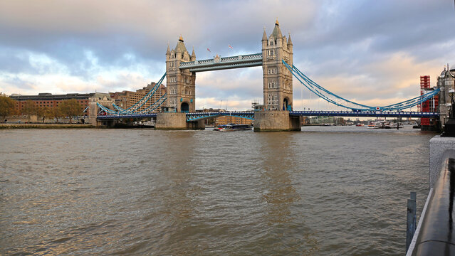 Tower Bridge Over River Thames at Cloudy Day in London United Kingdom