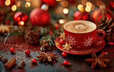 Holiday-Themed Coffee Cup Embellished with Christmas Decor,Yuletide Coffee Mug Adorned with Seasonal Decorations, Copy Space, Generative Ai