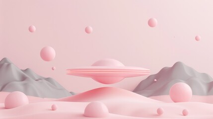 3D style pink UFO on alien planet landscape, spaceship