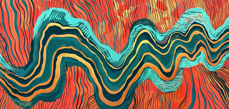 Teal and mustard lines on coral, captivating.