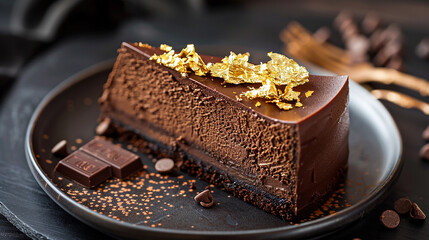 A mouthwatering chocolate cheesecake adorned with edible gold leaf, a masterpiece.