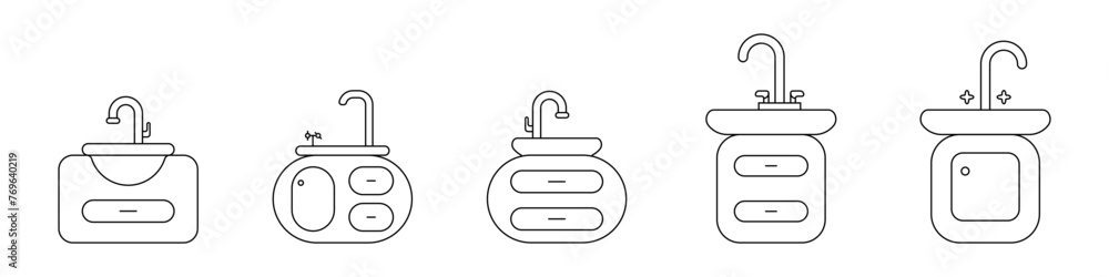 Poster washbasin editable set vector linear icon. the concept of a logo of a furniture cabinet with a sink 