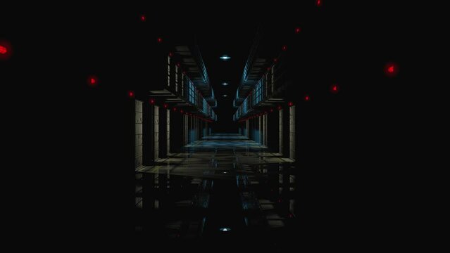 Lights turning on sequentially at prison corridor at night. 3d rendering