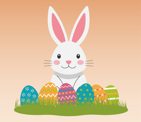 Illustration with a white Easter bunny sitting in green grass with painted eggs. Happy Easter vector background for greeting card, poster, banner.