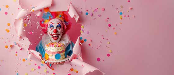 A delightful clown with a decorated cake tears through a pink backdrop