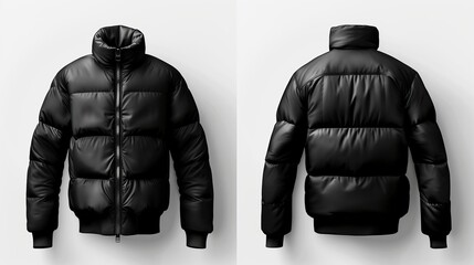 A mockup template of a black down jacket with a zipper, shown in both front and back views, isolated on a white background, suitable for winter sport jacket designs - obrazy, fototapety, plakaty