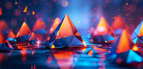 Vibrant triangles of tangerine and cobalt on a sleek bokeh. - obrazy, fototapety, plakaty