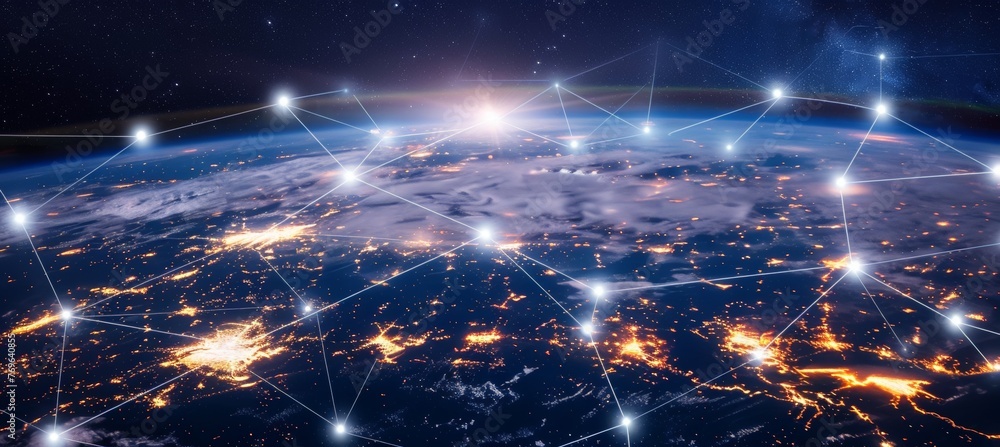 Poster innovative perceptron lines creating a global network connection engulfing the earth