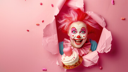 Vibrant clown with wild hair and a cupcake popping through a torn paper background
