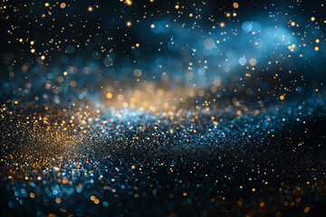 abstract gold, black and blue glitter background with fireworks.