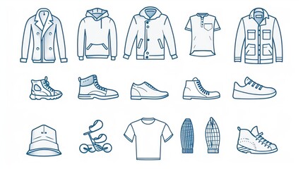 A set of thin line stroke icons for casual sportswear and menswear, including a range of items from T-shirts to pea coats