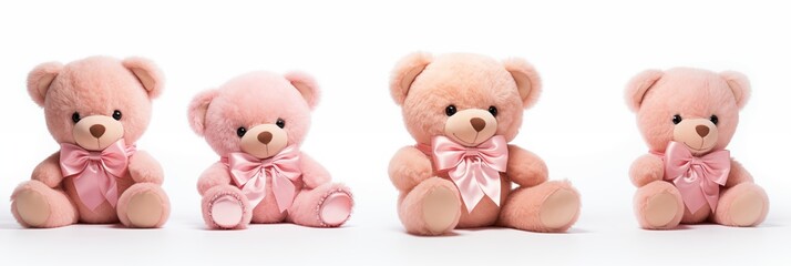 Four Pink Teddy Bears with Ribbons on a White Background