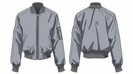 A set of women's zip-up, trimmed bomber jackets, shown in a flat fashion illustration for both front and back views, colored in grey for CAD mock-ups - obrazy, fototapety, plakaty