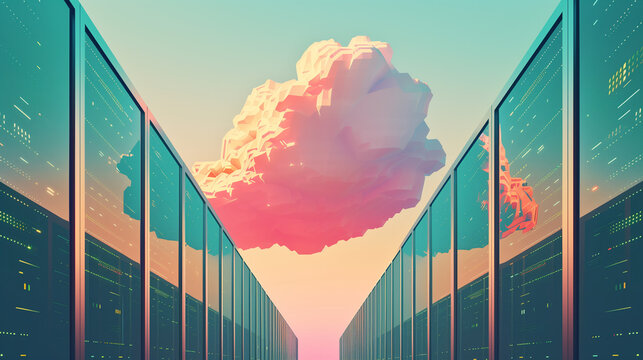 Illustration of cloud data servers near a big pink orange cloud. AI Generated