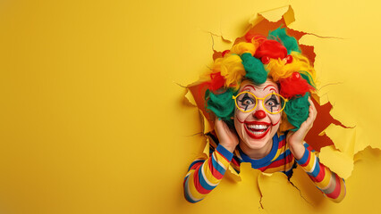 A clown in a multicolored outfit screams in excitement, breaking through a yellow paper tear with a joyous demeanor