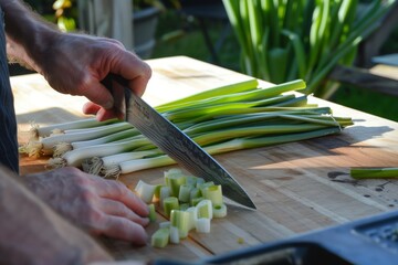 man slicing scallions with a knife - Powered by Adobe