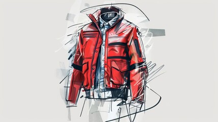 A trucker jacket for men, showcased in a fashion sketch with a flat technical drawing