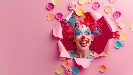 A colourful clown with blue hair smiling through a torn pink paper background, portraying humor