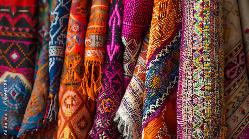 Poster the photograph captures a range of brightly colored fabrics with detailed ethnic patterns and design