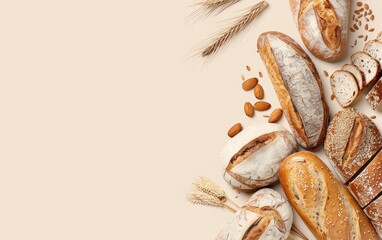 Bread Bonanza, A Feast of Nature's Finest on the Banner,Indulge in Nature's Harvest Diverse Bread Selection on Display, Copy Space, Generative Ai