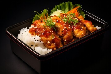 Delicious fried chicken in a bento box against a polished cement background - obrazy, fototapety, plakaty
