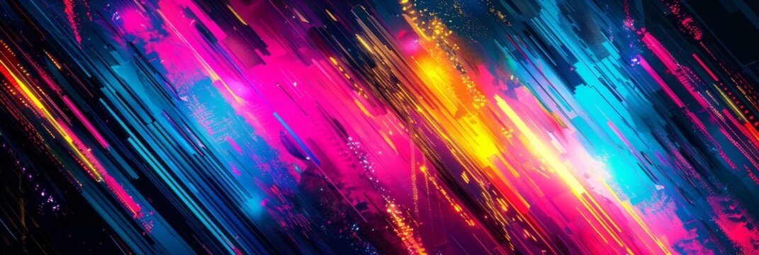 Digital Glitch Pattern, With Distorted Lines And A Vibrant Palette Of Neon Colors Against A Dark Background, Capturing The Aesthetic Of Digital Art And Cyberpunk Created With Generative AI Technology