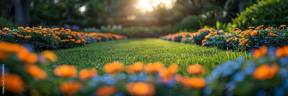 Poster as the suns rays filter through the lush trees and delicate flowers, a mesmerizing dance of light an