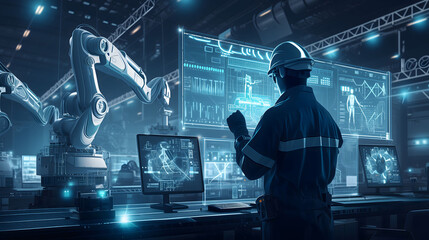 engineer control robot on screen in factory