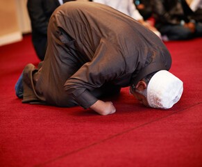 Muslim, man and prayer for worship, faith and spiritual routine for ramadan. Islamic person,...