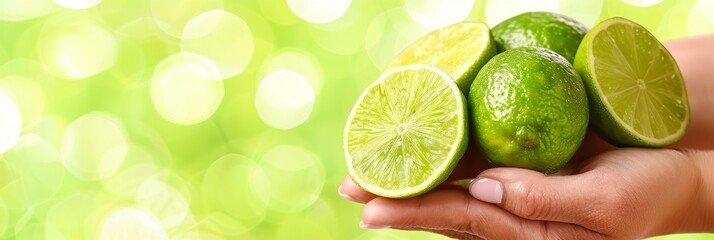 Hand holding tangy lime with lime selection on blurred background, copy space available