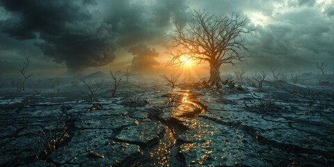 Dramatic scene of a barren land with a dead tree under a stormy sky at sunset, symbolizing climate change