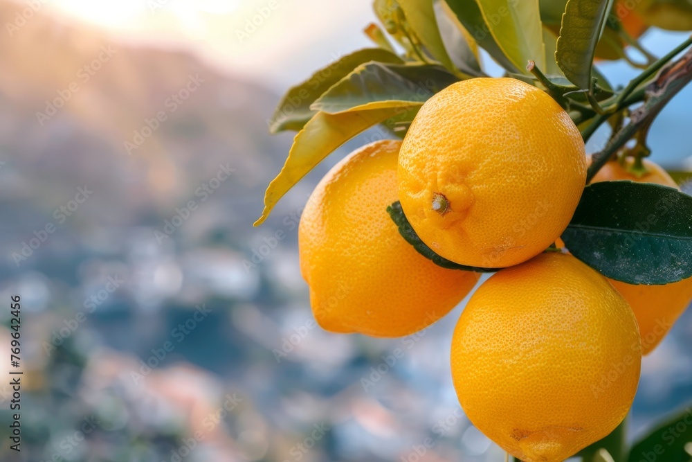 Poster a vibrant bunch of oranges hanging from a tree, ready for picking on a sunny day in a lush citrus or